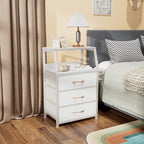 Furnulem White Nightstand with 3 Drawers and 2-Tier Shelf, Small Night Stand End Table Side Furniture, Fabric Storage Organizer for Bedroom, Closet, Hallway, Nursery, Sturdy Steel Frame, Wood Top