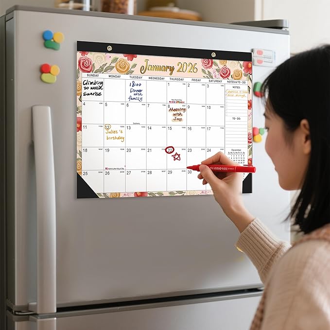 Desk Calendar 2026, With 2 sticker, 18 Month Calendar Running to June 2027-17" x 12" Desktop/Wall Monthly Calendar for Homes, School/Office(Watercolor flowers)
