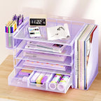 OPNICE Desk Organizer, 5-Tier Paper File Organizer with Drawer & Pen Holder, Office Desk Accessories, Workspace Desktop Organizer for Office Supplies(Purple)