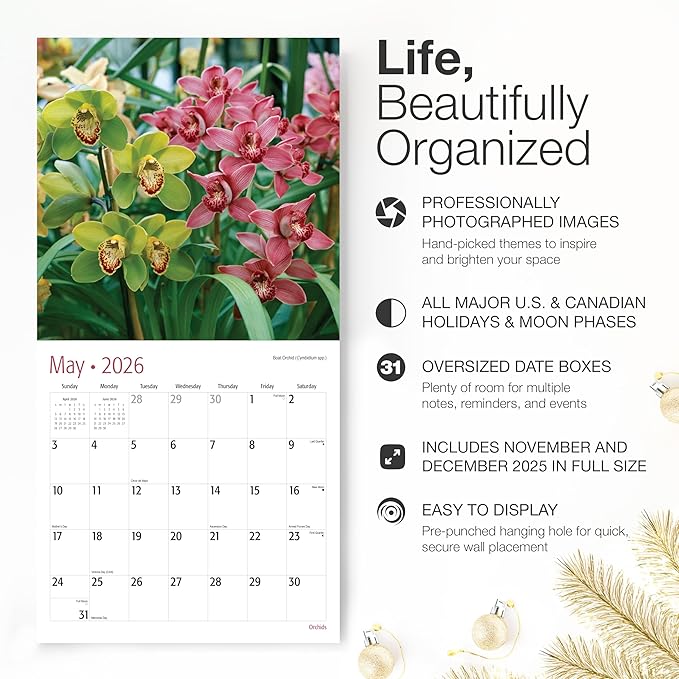 RED EMBER Orchids 2026 Wall Calendar 12 Month | 12" x 24" Open | Thick & Sturdy Paper | Holiday Gift | Flower Nature Calendar 2026