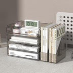 FANXIYQ Acrylic Paper Organizer with Movable Bookends, 4-Tier Stackable Paper Tray for Desk, Brown Clear File & Letter Tray Organizer Office