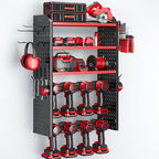 KAFAHOM Power Tool Organizer, Large 8 Drill Holder Wall Mount with 2 Side Pegboards,5 Layer Heavy Duty Metal Tool Storage Rack, Tool Shelf for Garage Organization, Utility Battery Shelves - Red