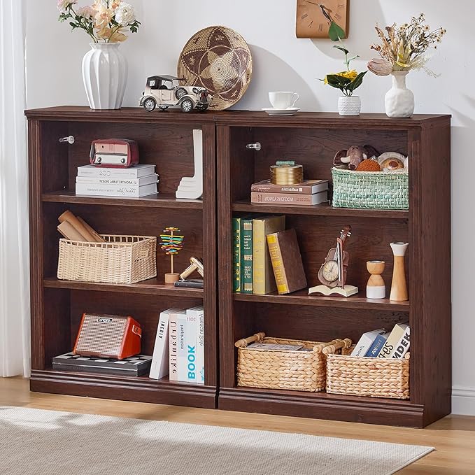 RWYHG 43" Walnut Tall Bookshelf,3-Tier Thick Wooden Book Shelf with Adjustable Shelves,Free Standing Farmhouse Bookcase with Open Display Storage,Floor Vintage Bookshelves for Living Room,Office