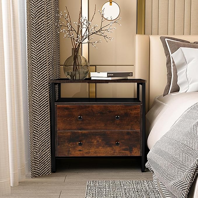Edbuosy 27 inch Wide Night Stand with Charging Station, Bedside Table with Open Shelf, 2 Drawers Small Wood Dresser, Modern Wood Nightstand for Bedroom/Living Room (Rustic Brown)