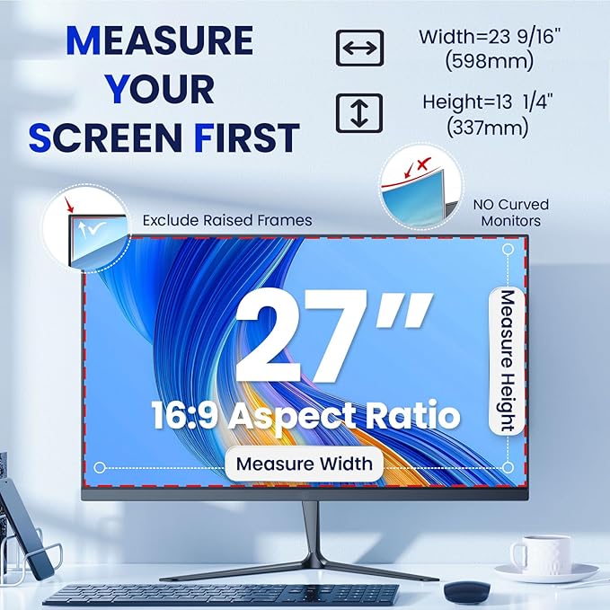 Magnetic Privacy Screen for Frameless Computer Monitor 27 Inch 16:9 Aspect Ratio,Hanging Blue Light Screen Protector Eye Protection Anti-Spy Shield, 27in Removable Privacy Filter
