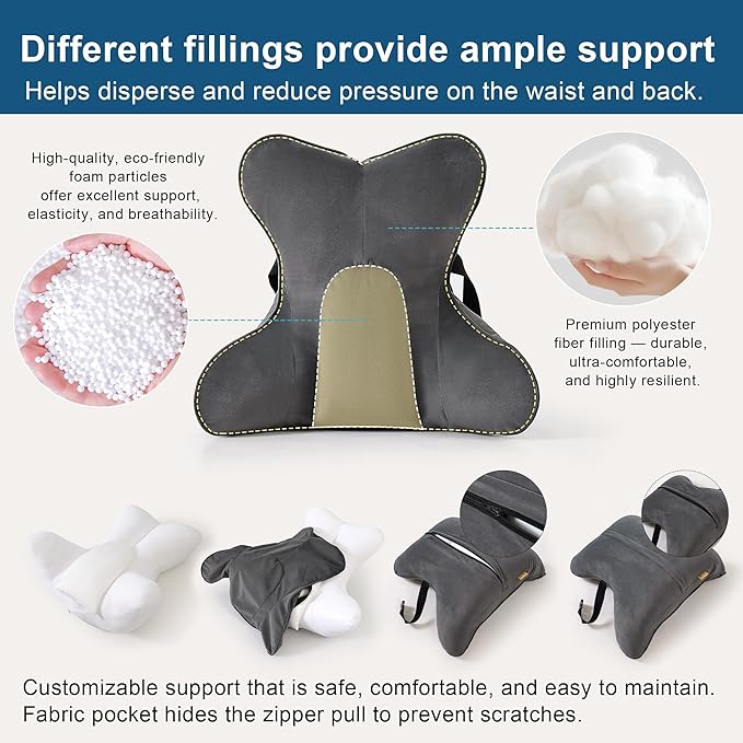Ailuteie Lumbar Support Pillow(Pat. Pend) – Ergonomic Multi-Zone Back Cushion for Lower Back Pain Relief, Ideal for Office Chair, Car Seat & Home Reading,Steel Gray