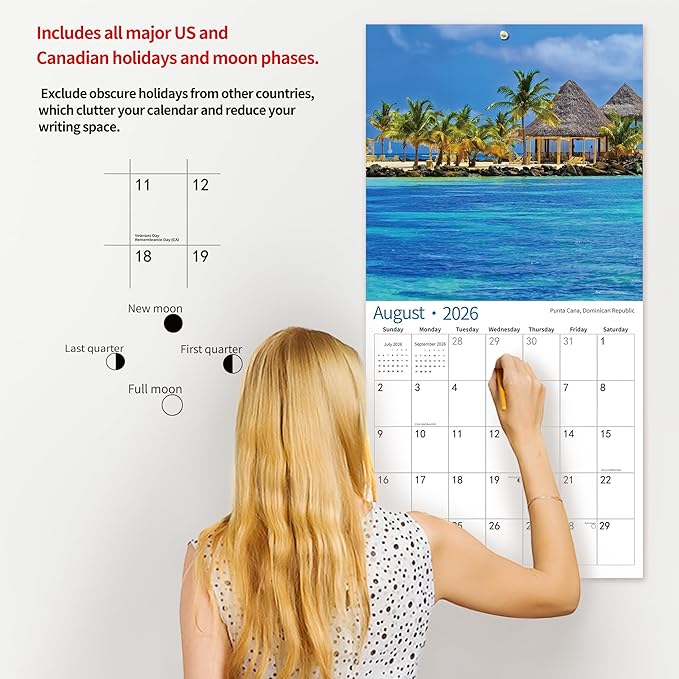2026 Wall Calendar,Calendar 2026, November 2025 - December 2026, Wall Calendar Beaches, 12" x 24" Opened,Full Page Months Thick & Sturdy Paper for Calendar Organizing & Planning