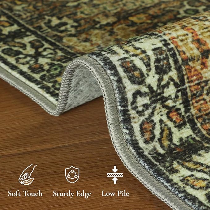GENIMO 8x10 Area Rugs for Living Room, Machine Washable Non Slip Vintage Rugs, Low Pile Lightweight Chenille Print Rug for Bedroom, Dining Room, Home Office, Bronze Olive