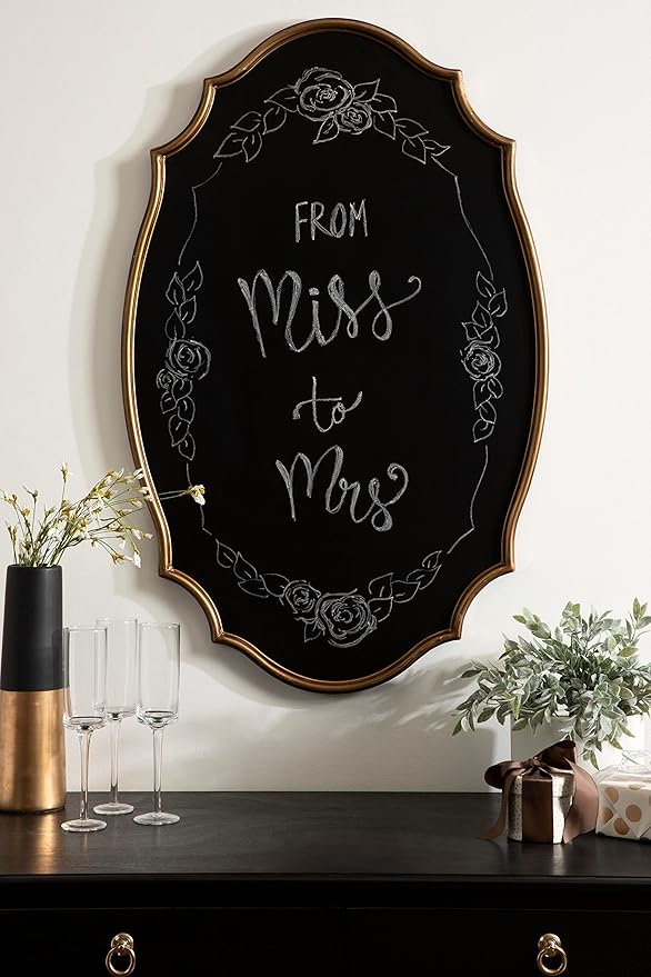 Kate and Laurel Leanna Decorative Scalloped Metal Chalkboard; 24 x 36; Gold; Framed Rounded Oval Vintage Chalkboard for Unique Display; Organization; and Decor