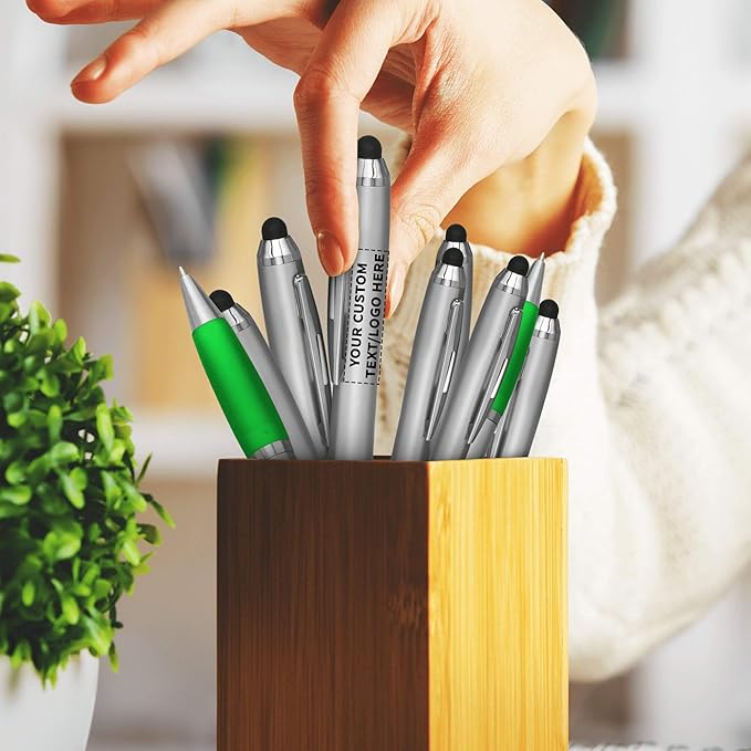 DISCOUNT PROMOS Custom Stylus Ballpoint Pens Set of 50, Personalized Bulk Pack - Black Ink, Great for Office, School, Business, Tradeshows, Events - Green
