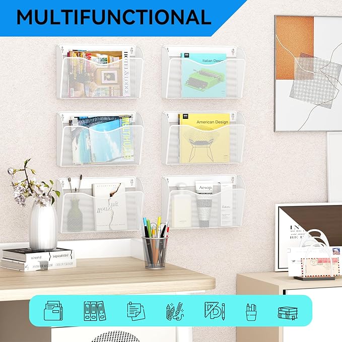GDINDINFAN 3 Single Pocket Wall File Holder, Mesh Hanging File Folder Paper Organizer, Vertical Wall Mounted Mail Basket, Storage Organization Magazine Rack for Office, Home and School, White