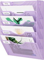 EasyPAG 5 Pocket Mesh Wall File Organizer, Hanging Paper Folder Holder with Classify Label, Vertical Wall Mount Mail Organizer for Office Home Classroom, Purple