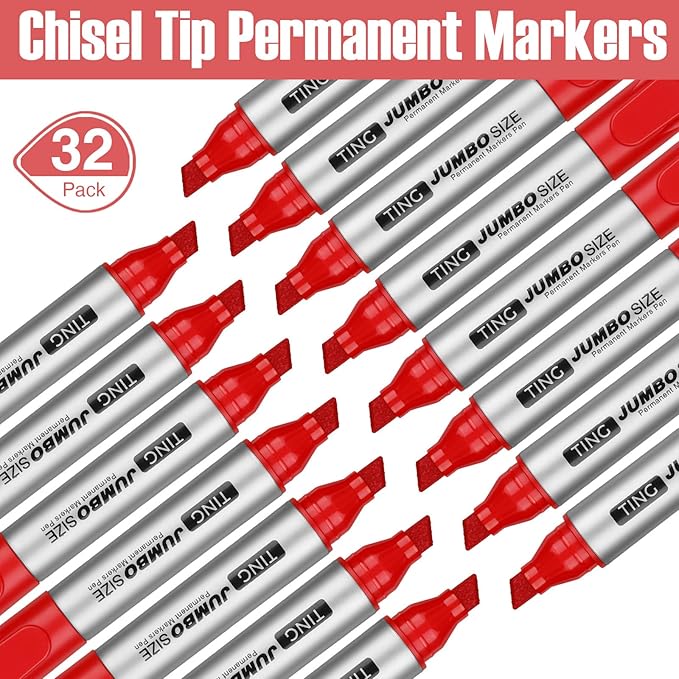 Fuutreo 32 Pcs Jumbo Permanent Markers Bulk Large Chisel Tip Permanent Markers Waterproof Jumbo Pens Quick Drying Office Supplies(Red)