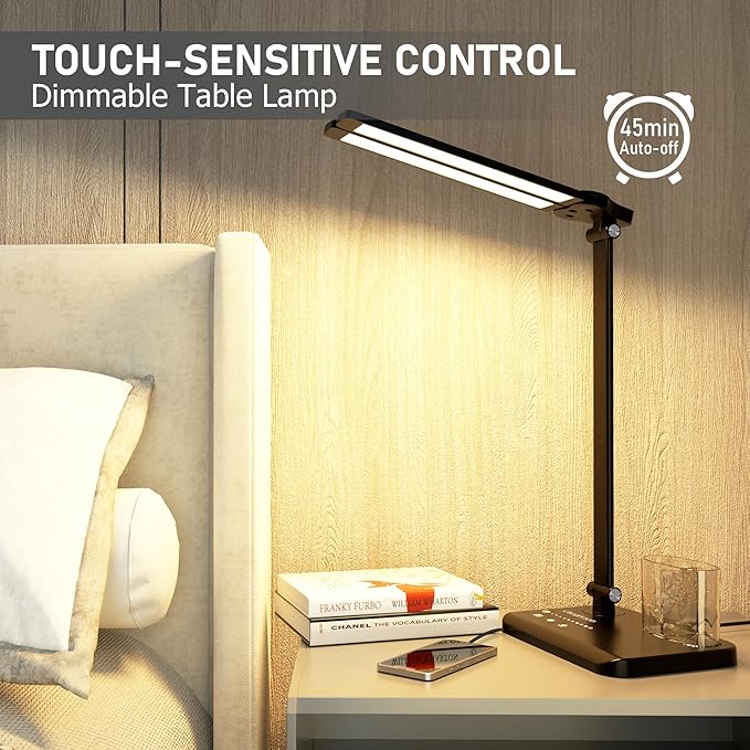 CHARYJOD Dimmable LED Desk Lamp with USB Charging Port Bright, 50 Lighting Modes Dual Swing Arm Architect Table Lamp Light Desk Lamp for Home Office Dorm Piano Nail