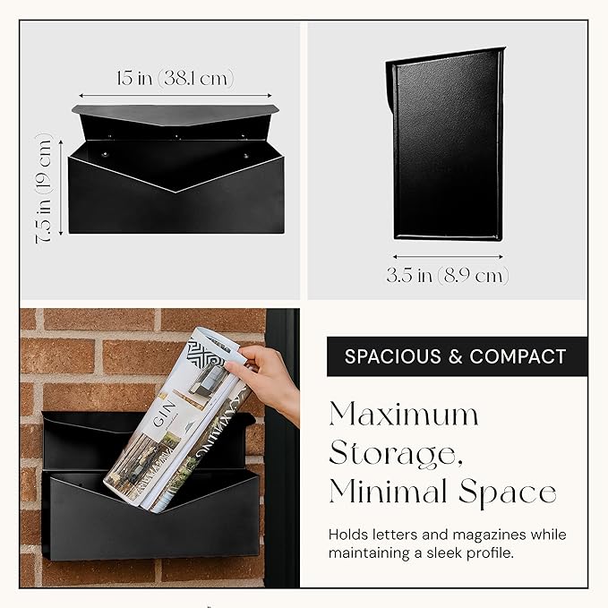 NACH Black Envelope Wall Mount Mailbox, Rust Resistant Metal Mailbox, Black Mailbox Wall Mount, Mailboxes for Outside Wall Mount, Outdoor Mailboxes, Wall Mailbox, 14.1 x 3.5 x 6 Inches, MB-6915BLK