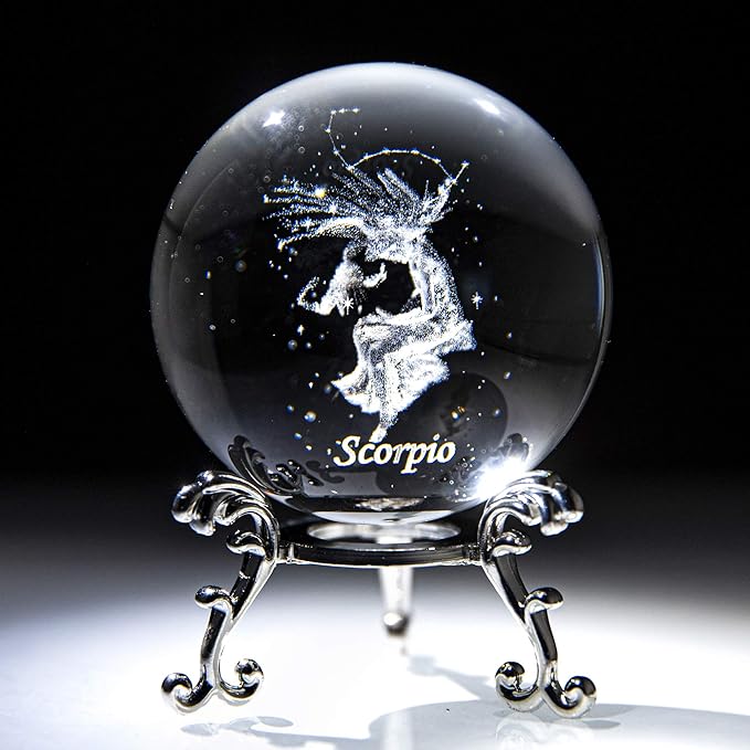 3D Laser Constellation Ball Crystal 60mm Paperweight Full Sphere Glass Fengshui with Sliver-Plated Flowering Stand(Scorpio)