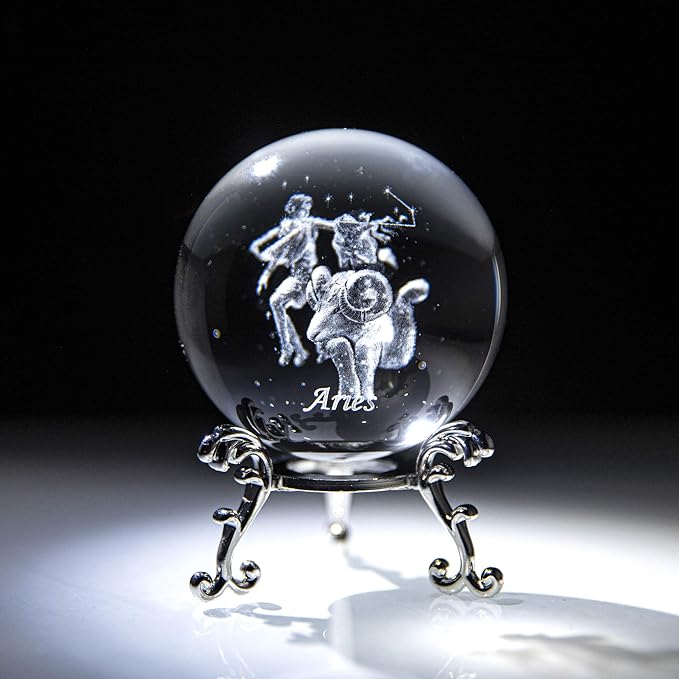 3D Laser Constellation Ball Crystal Paperweight Full Sphere Glass Fengshui with Sliver-Plated Flowering Stand(Aries)
