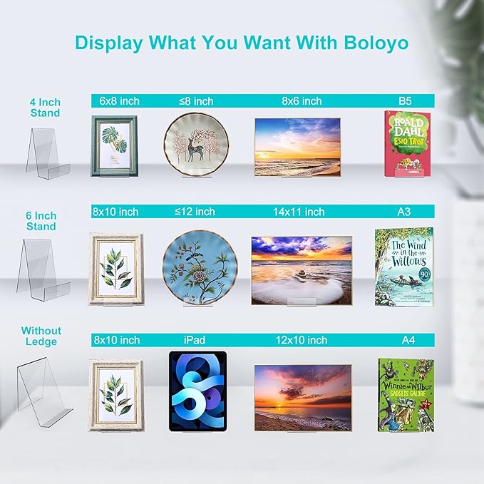 Boloyo Acrylic Book Stand with Ledge,10PC 4 Inch Clear Acrylic Display Easel Transparent Display Stand Holder Tablet Holder for Displaying Books,Magazine,Plate,Pictures,Artworks, CDs