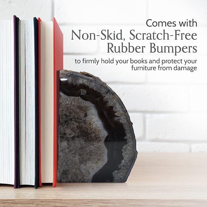 Nature's Decorations A Quality Black Agate Geode Bookends - Heavy Duty with Non-Skid Rubber Bumpers for Shelves, Office, Home Decor - Cool Crystal Stone (1 Pair 2-3 LB)
