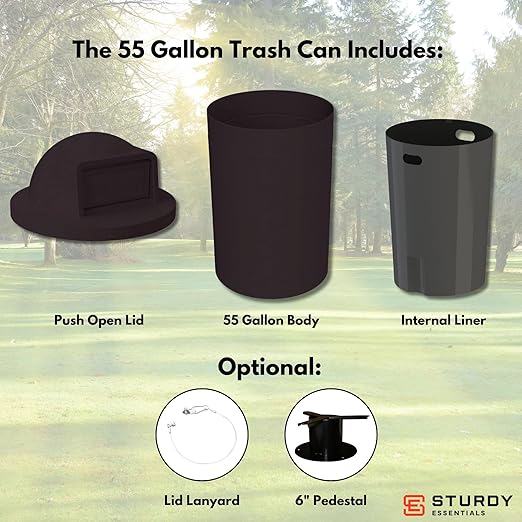 Sturdy Essentials Campus Collection 55 Gallon Round Heavy-Duty Plastic Commercial Outdoor or Indor Trash Can with Push Open Dome Lid and Internal Liner | Great for Schools and Businesses - Black
