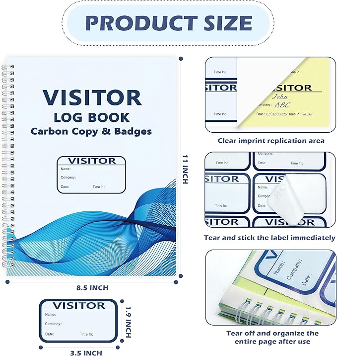 1 Pack Visitor Badges with Carbon Copy Visitor Stickers Letter Size Visitor Log Book Protecting Privacy Pages for School Church Business Visitor Pass Stickers 150 Visitor Badges 30 Memo Pages (1)