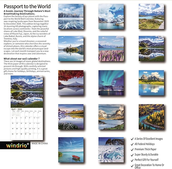 2026 Wall Calendar,14 Monthly Wall Calendar Beautiful World Nov. 2025 - Dec. 2026, 12" x 18.2" Opened,Full Page Months Thick Paper for Gift Calendar Organizing & Planning