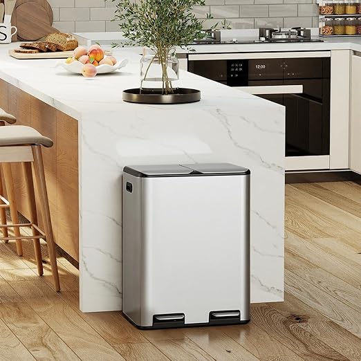 PayLessHere Trash Can, 16 Gallon (2x8G) 60 Liter Rectangular Trash Cans Stainless Steel Step Trash Can with Inner Buckets and Hinged Lids, Suitable for Kitchen Office Home Use,Silver