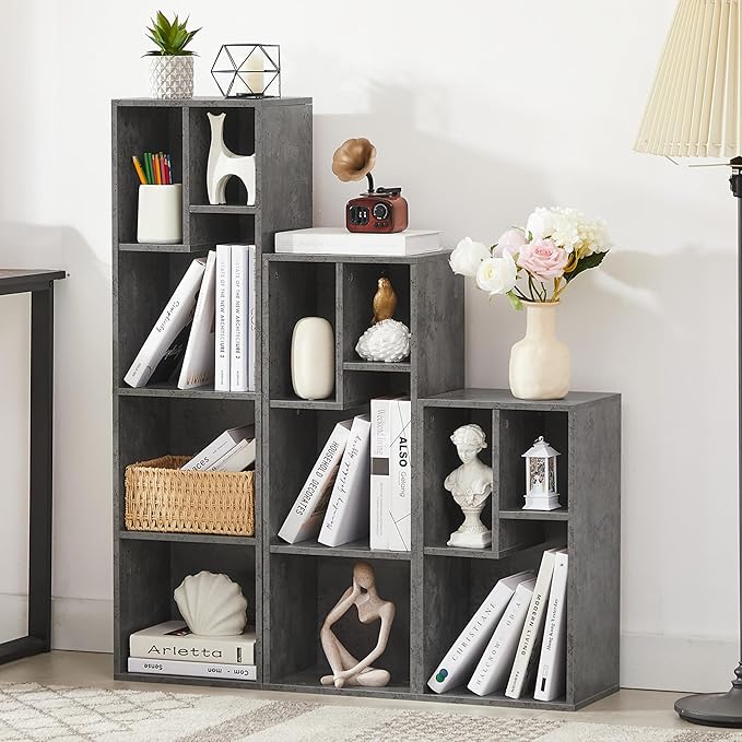 VECELO Narrow Bookshelf Set, Fits 9.3" × 10-12.8" Hardcovers, Cube Storage Bookcases, Free-Standing for Living Room, Bedroom, Home Office, 2/3/4-Tier, 3-Pack, Gray