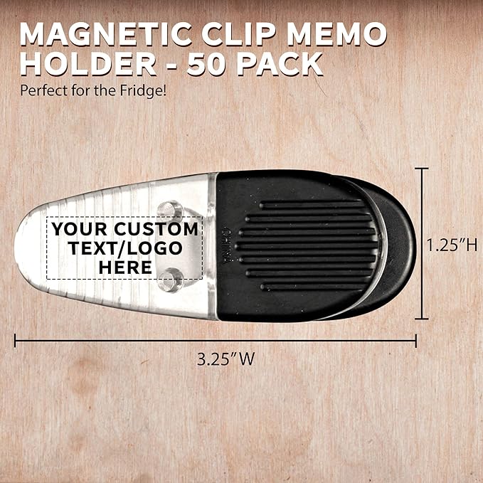 50 Magnetic Memo Holders Set - Customizable Text, Logo - Large Clip, Plastic - Clear