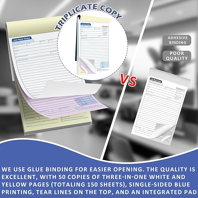 50 Sets Job Work Order Form Book 3 Part Carbonless Work Order Invoice Book 5.5 x 8.3 inch Job Order Forms with Numbers and Tear Off Top with Hard Backing for Business Service (1)