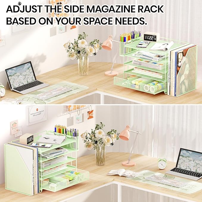 OPNICE Desk Organizer, 5-Tier Paper File Organizer with Drawer & Pen Holder, Office Desk Accessories, Workspace Desktop Organizer for Office Supplies(Green)