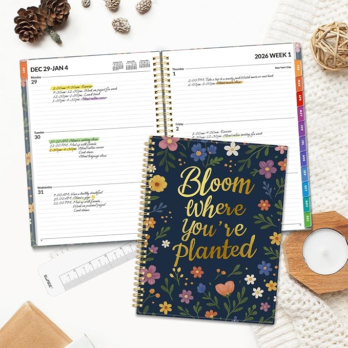 SUNEE 2026 Weekly and Monthly Planner - from January 2026 - December 2026, Daily Agenda Planner with Monthly Tab, Flexible Cover, Note Pages, Pockets, Bookmark, Spiral Binding, Navy Flower, 8.5"x11"