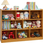 3-Tier Bookshelf, 8-Section Wooden Bookcase, Storage Organizer with Anti-Tilt Device, Modern Storage Display Cabinet for Living Room, Classroom, Kid’s Room (Natural)