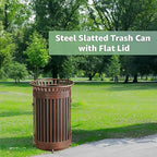 Zedfire 45 Gallon Brown Waste Bin with Flat Lid & Door, Outdoor Heavy-Duty Commercial Trash Can Steel Slatted, Round Recycle Container, Durable Garbage Can for Parks, Municipalities, Parking, Schools