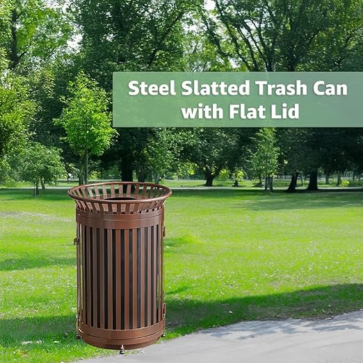 Zedfire 45 Gallon Brown Waste Bin with Flat Lid & Door, Outdoor Heavy-Duty Commercial Trash Can Steel Slatted, Round Recycle Container, Durable Garbage Can for Parks, Municipalities, Parking, Schools