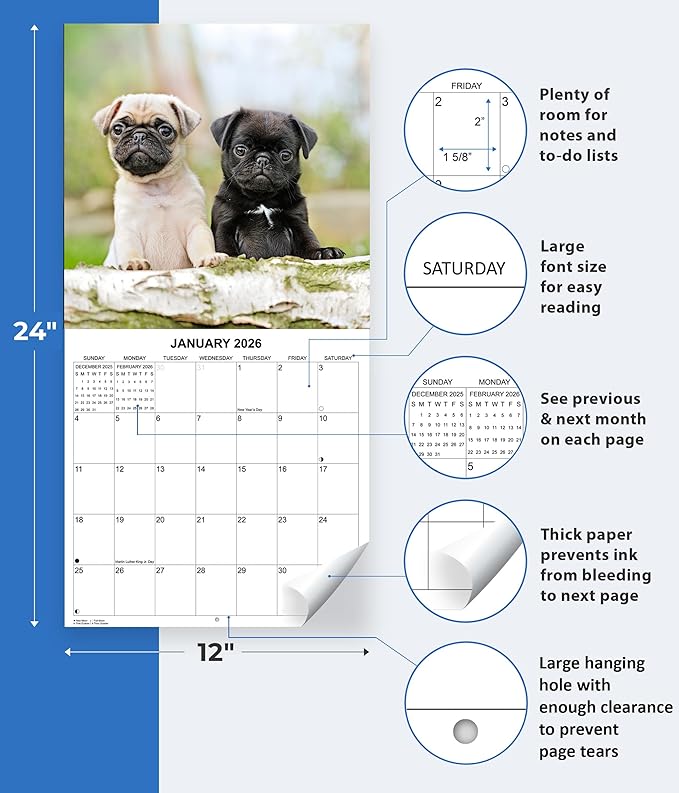 2026 Puppies Monthly Wall Calendar | Cute Dogs Calendar September 2025 - December 2026
