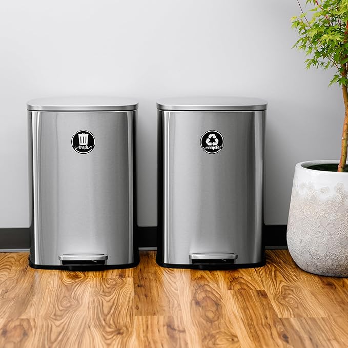 Strong Trash and Recycle Magnets, 3.5" Recycle Magnet for Trash Can, Magnetic Recycling Stickers for Kitchen Garbage Can and Recycling Bins with 4 Adhesive Stickers, Made in USA, Black 2 Pcs