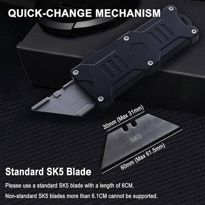 Caressolove Folding Utility Knife For Men, Double Action Auto Retractable Knife, EDC Self Retracting Box Cutter With Belt Clip, Assisted Opening Automatic Knife Push Button With 10pcs Extra Blades