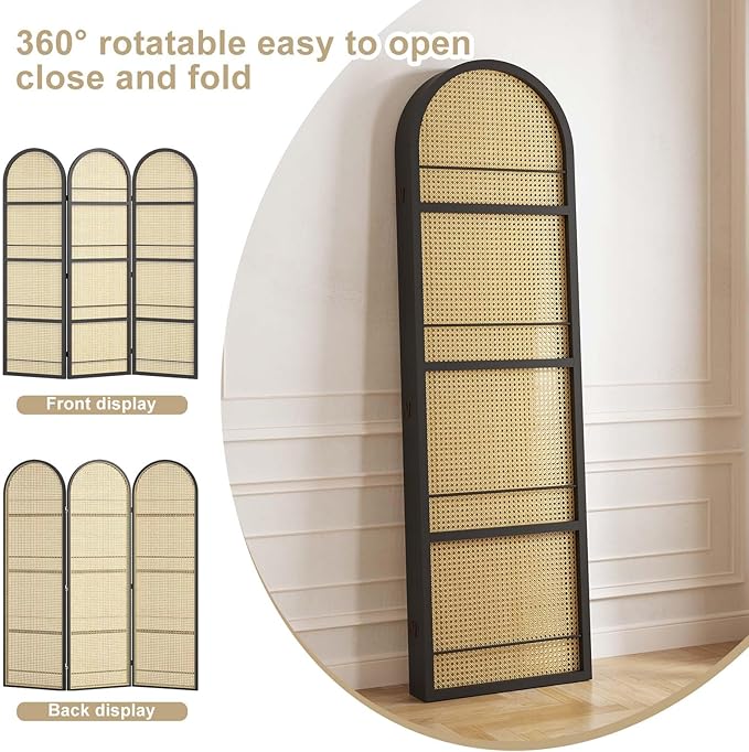 Rattan Room Divider with Built-in Bookshelf | Foldable Privacy Screen & Portable Partition for Home Office, Bedroom, Reading Nook | Wooden Frame, Freestanding Design (Black-Rattan)