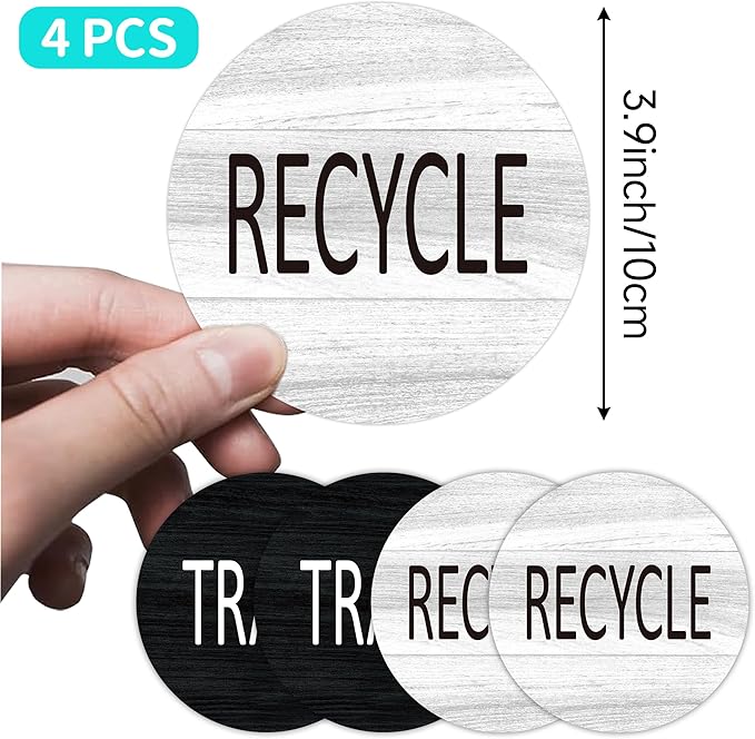 4PCS Recycle and Trash Sign Sticker for Kitchen,Self-adhensive Modern Circle Recycling Sticker for Trash Cans and Recycling Bin, Waste and Recycle Decals for Garbage Can Indoor &Outdoor Use 4Inch