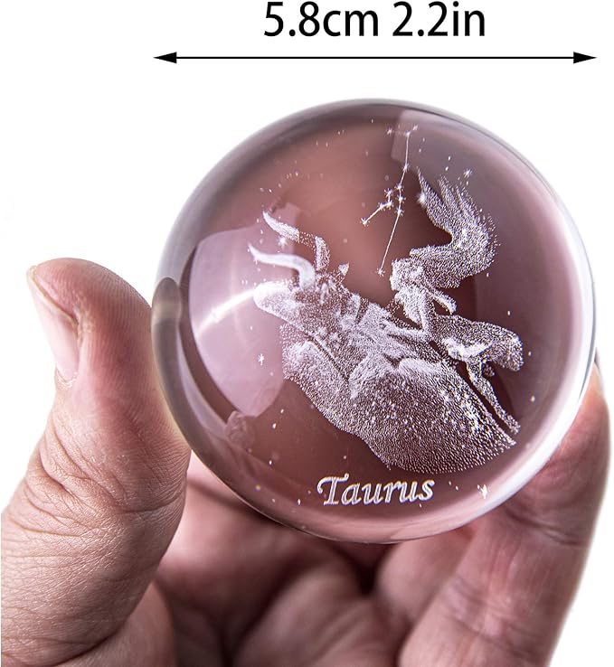 3D Laser Constellation Crystal Ball Crystal Paperweight Full Sphere Glass Fengshui with Sliver-Plated Flowering Stand(Taurus)