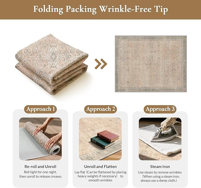GENIMO 6x9 Area Rugs for Living Room, Machine Washable Non Slip Vintage Rugs, Low Pile Lightweight Chenille Print Rug for Bedroom, Dining Room, Home Office, Oatmeal Beige