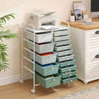 HAPPYGRILL 15-Drawer Rolling Cart, Storage Carts with Removable Drawers & Steel Frame, Utility Cart on Lockable Wheels for Home, School, Office, Macaroon, Gradient Green