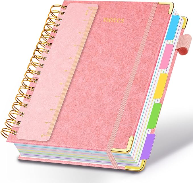 Hardcover Spiral Notebook 8.5"x11" Journal Notebook with Tabs and Removable Dividers 300 Pages 5 Subject Notebook College Ruled, Faux Leather Spiral Bound Notebook for Women School Work(Pink)