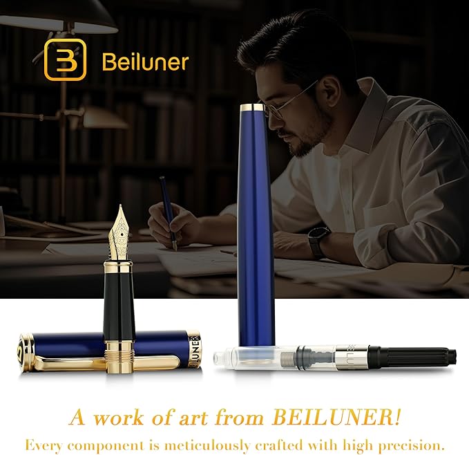 BEILUNER Blue Fountain Pen,Stunning Luxury Pens with 24K Gold Accents, Gorgeous 24K Gilded Nib(Extra Fine), Fancy Pen Gift for Men&Women -Ink Converter-Elegant, Reliable,Graduation Presents, Nice Pen