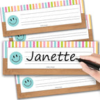 Desk Name Tags for Classroom -25 Student Name Plates for Classroom Kindergarten, Preschool, 1st, 2nd & 3rd Grade, 9x3 Teacher Nameplates for Student Desks & Cubbies, Smiley Nametags
