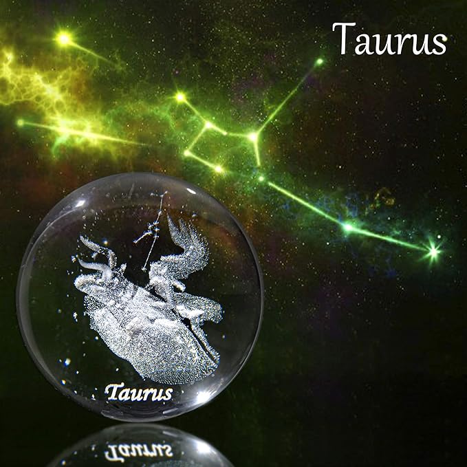 3D Laser Constellation Crystal Ball Crystal Paperweight Full Sphere Glass Fengshui with Sliver-Plated Flowering Stand(Taurus)