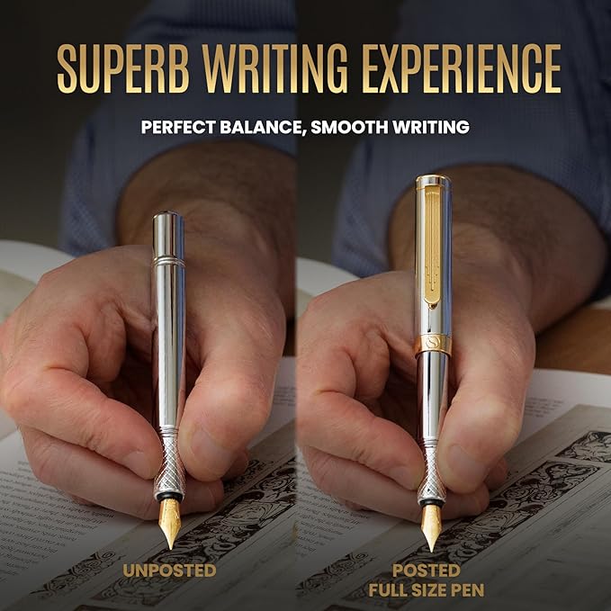 Scriveiner Silver Chrome Fountain Pen (Fine), Award Winning, Heavy Pocket Stunning Luxury Pen, Real Gold Plating and Genuine Schmidt Nib, Includes Converter, Fancy EDC Writing Gift Set for Men & Women