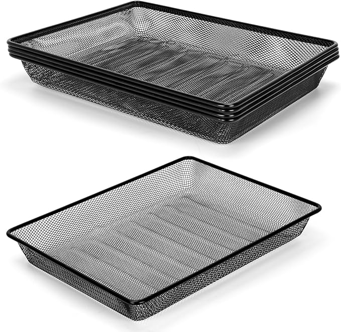 AZFUNN Office Metal Mesh Basket for Desk, Single Paper Tray Organizer, Turn in Trays Classroom, Flat Mail Letter Storage Basket for Office Home Drawers School, Black (5 Pack)