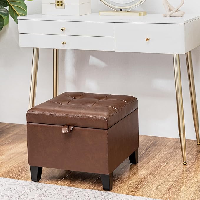 Asense 17 Inch Faux Leather Ottoman with Storage, Square Ottoman Footstool Upholstered Footrest for Couch Entryway Bedroom Living Room, Coffee